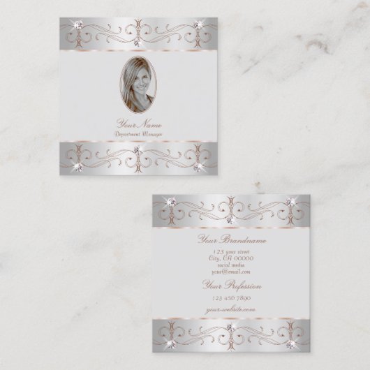 Luxury Silver Roos Gold  Ornamenten Voeg foto toe Vierkante Visitekaartje (Voorkant / Achterkant)