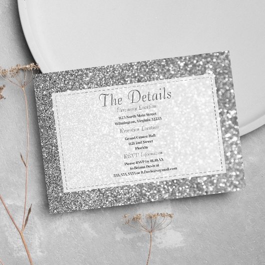 Luxury silver sparkly glitter glam Details Card Informatiekaartje