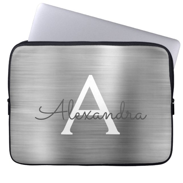 Luxury Silver Stainless Steel Monogram Laptop Sleeve (Voorkant)