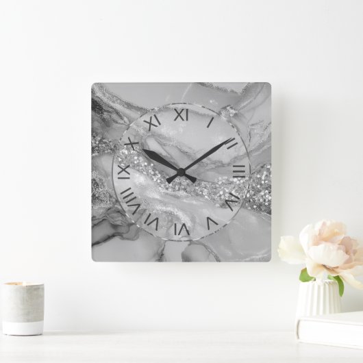 Luxury Silver & White Flowing Marble Vierkante Klok (Huis)