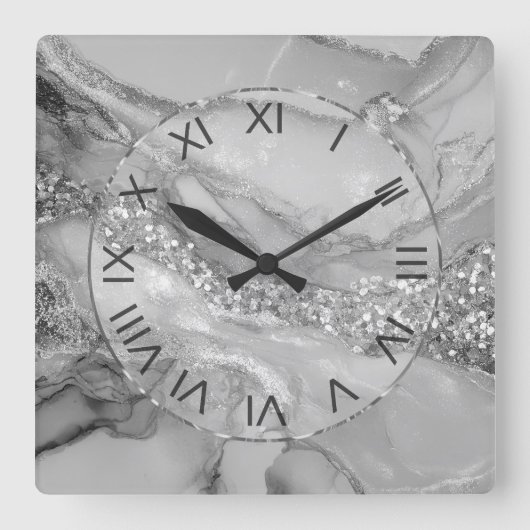 Luxury Silver & White Flowing Marble Vierkante Klok (Voorkant)
