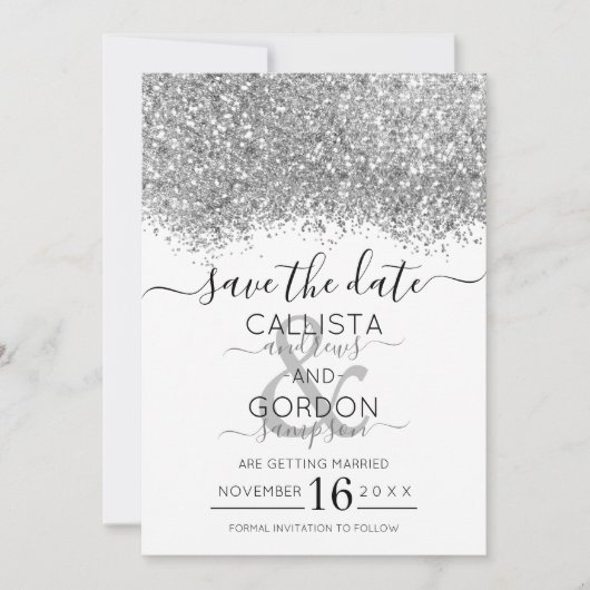 Luxury Silver White Glitter Confetti Wedding Save The Date (Voorkant)