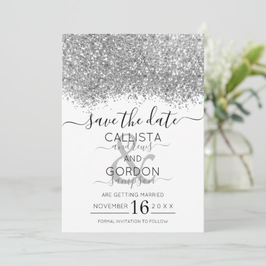 Luxury Silver White Glitter Confetti Wedding Save The Date (Staand voorkant)