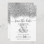 Luxury Silver White Glitter Confetti Wedding Save The Date (Voorkant / Achterkant)