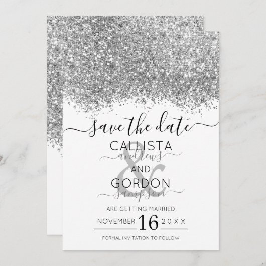 Luxury Silver White Glitter Confetti Wedding Save The Date (Voorkant / Achterkant)