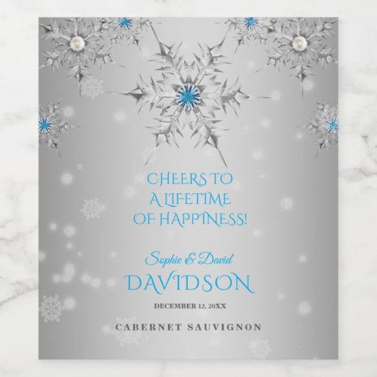 Luxury Snowflakes Crystals Silver Pearls Weddensch Wijn Etiket (Enkel label)