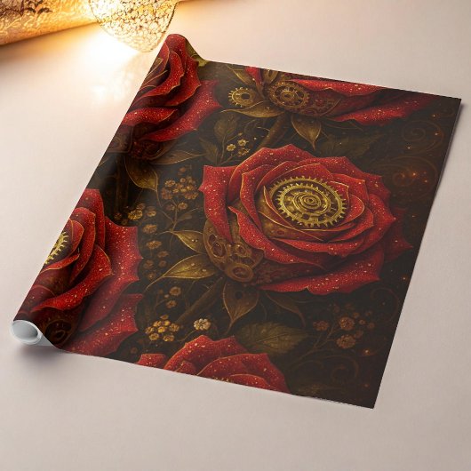 Luxury Steampunk Roses Romantic Gold Gears Cadeaupapier