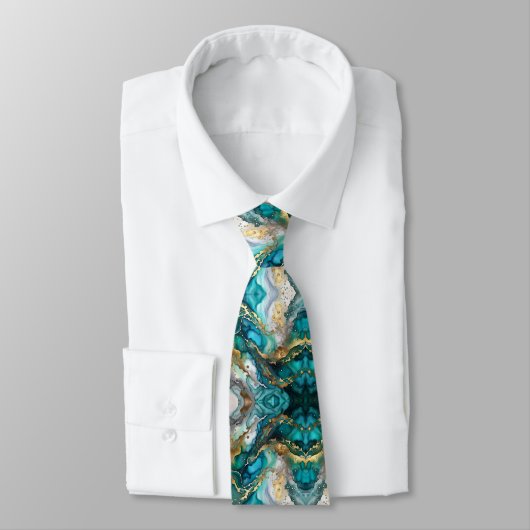 Luxury Teal and Gold Marble Fluid Art Pattern Stropdas (Gebonden)
