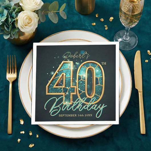 Luxury Teal Gold Agate Mosaic 40th Birthday Party Servet
