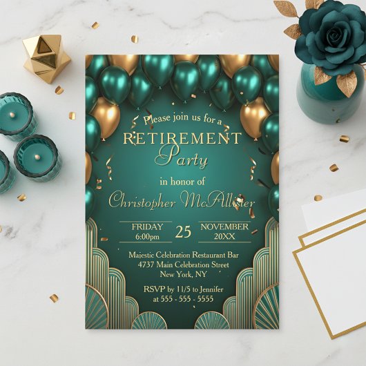 Luxury Teal Gold Balloon Art Deco Retirement Party Kaart