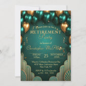 Luxury Teal Gold Balloon Art Deco Retirement Party Kaart (Voorkant)