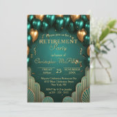 Luxury Teal Gold Balloon Art Deco Retirement Party Kaart (Staand voorkant)