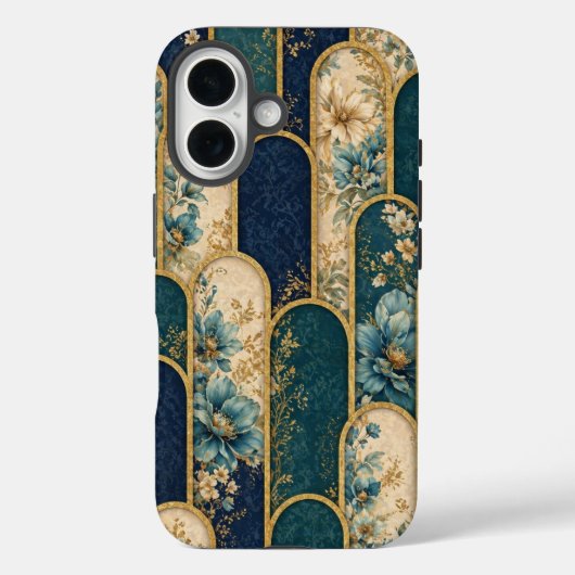 Luxury Teal & Gold Floral Pattern iPhone Case (Achterkant)