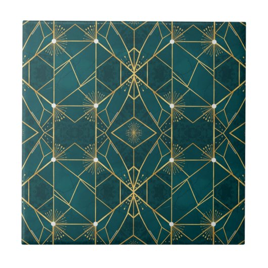 Luxury Teal & Gold Symmetrical Geometric Seamless  Tegeltje (Voorkant)