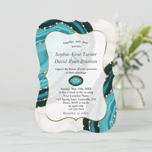 Luxury Turquoise Waterverf Agate Pearls Wedding Kaart (Staand voorkant)