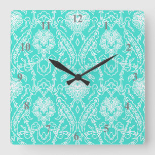 Luxury Turquoise & White Damask Decorative Pattern Vierkante Klok