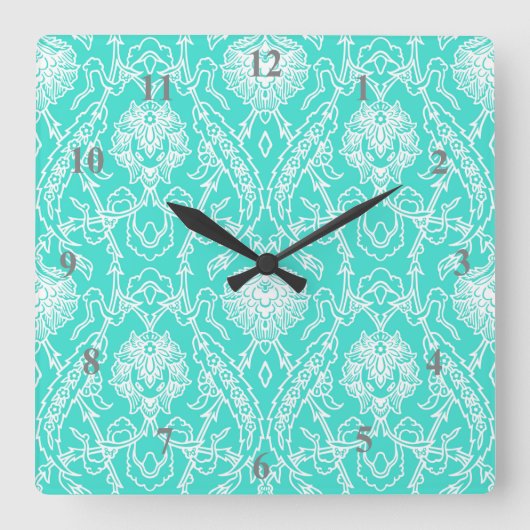 Luxury Turquoise & White Damask Decorative Pattern Vierkante Klok (Voorkant)