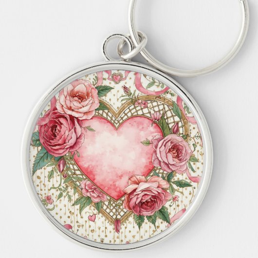 Luxury, Valentine Day ,Love Pink Heart and Flowers Sleutelhanger (Voorkant)