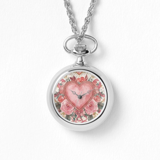 Luxury,Valentine, Love Pink Heart ,Flowers Pattern Horloge (Voorkant)