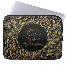 Luxury, Valentine's Day,Black Gold Florals ,Pixel Laptop Sleeve