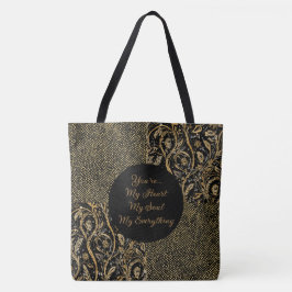 Luxury, Valentine's Day,Black Gold Florals ,Pixel Tote Bag