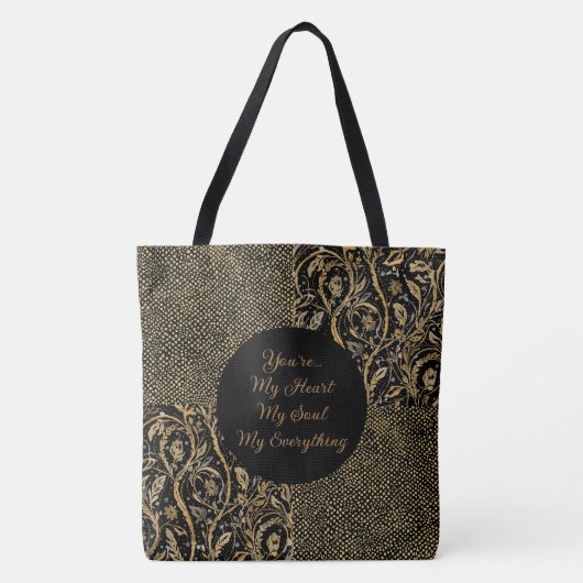 Luxury, Valentine's Day,Black Gold Florals ,Pixel Tote Bag (Voorkant)