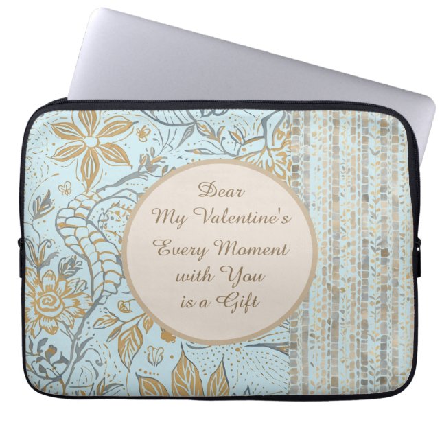 Luxury, Valentine's Day,Gold Soft Blue Flowers Art Laptop Sleeve (Voorkant)