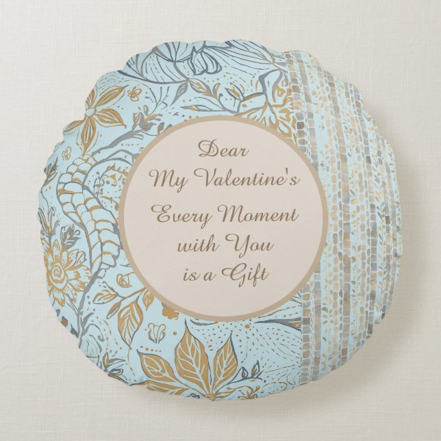 Luxury, Valentine's Day,Gold Soft Blue Flowers Art Rond Kussen (Voorkant)