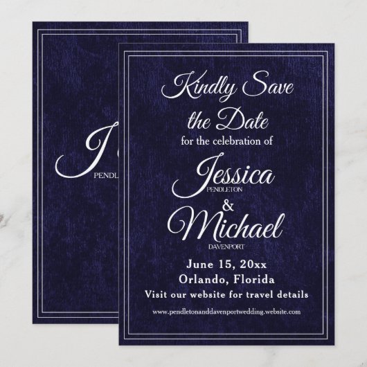Luxury Velvet Navy Blue Monogram Wedding Save The Date (Voorkant / Achterkant)