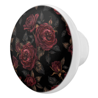 Luxury Vintage Botanical Black Rich Burgundy Roses Keramische Knop