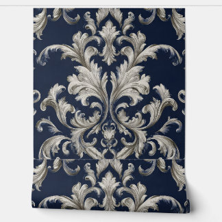 Luxury Vintage French Baroque Navy Blue Ivory Behang
