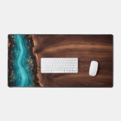 Luxury Walnut Wood and Teal Resin Art Desk Mat (Keyboard & Muis)