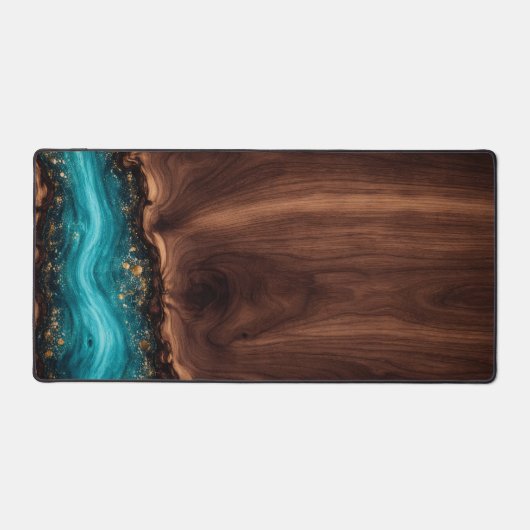 Luxury Walnut Wood and Teal Resin Art Desk Mat (Voorkant)