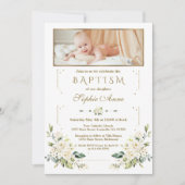 Luxury Watercolor White Floral Gold Photo Baptism  Kaart (Voorkant)