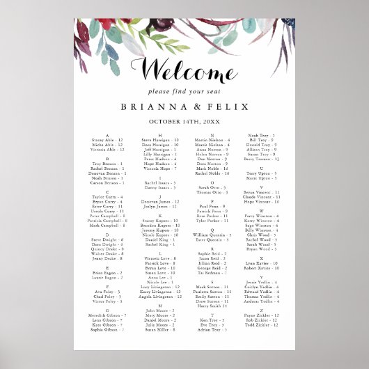 Luxury Whimsical Boho Alfabetical Seating Chart Poster (Voorkant)