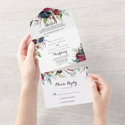 Luxury Whimsical Boho Floral Wedding All In One Uitnodiging (Afscheurbaar)