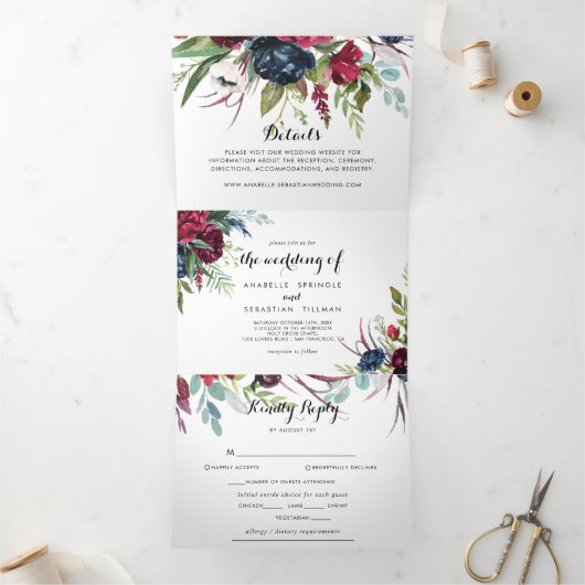 Luxury Whimsical Boho Floral Wedding Drieluik Uitnodiging (Binnen)