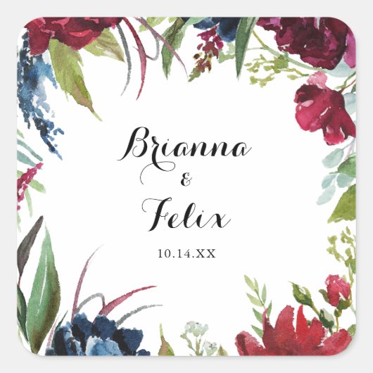 Luxury Whimsical Boho Floral Wedding Envelope Seal Vierkante Sticker (Voorkant)