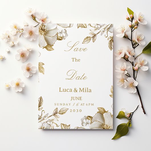 Luxury white and gold floral Save the Date Kaart