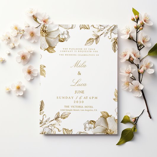 Luxury white and gold floral Wedding Kaart