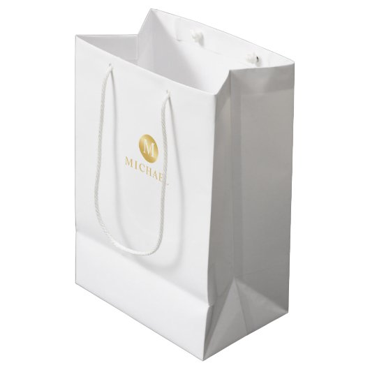 Luxury White en Gold-gepersonaliseerd monogram Medium Cadeauzakje (Voorkant Gekanteld)