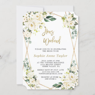 Luxury White Floral Gold Bachelorette Weekend Kaart