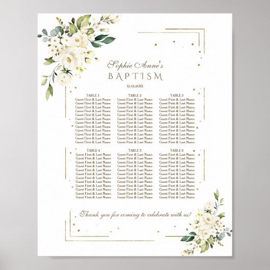 Luxury White Flowers Gold Baptism Seating Chart Poster (Voorkant)