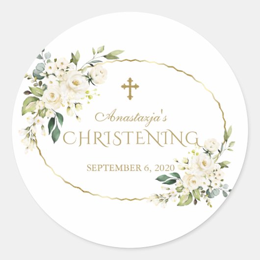 Luxury White Flowers Gold Christening Ronde Sticker (Voorkant)