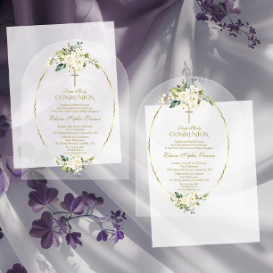 Luxury White Flowers Gold First Heilige Communie Acryl Uitnodigingen