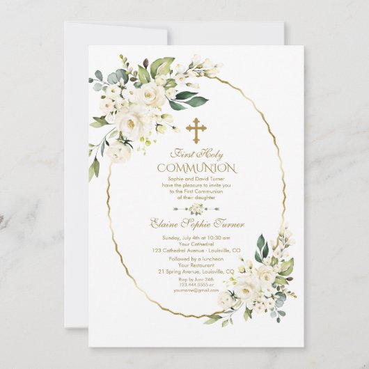 Luxury White Flowers Gold First Heilige Communie Kaart (Voorkant)