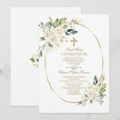 Luxury White Flowers Gold First Heilige Communie Kaart (Voorkant / Achterkant)