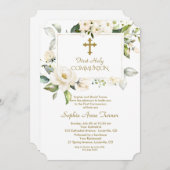 Luxury White Flowers Gold First Heilige Communie Kaart (Voorkant / Achterkant)