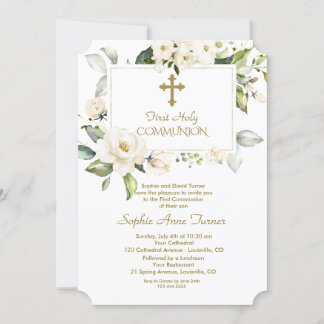Luxury White Flowers Gold First Heilige Communie Kaart