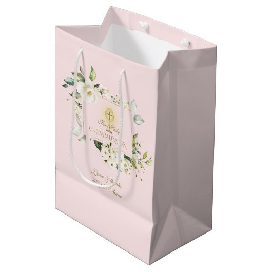 Luxury White Flowers Gold First Heilige Communie Medium Cadeauzakje (Voorkant Gekanteld)